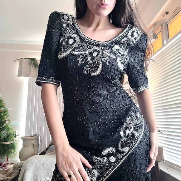 Vtg Lawrence Kazar Beaded Silk Dress Sz M - Picture 2 of 9